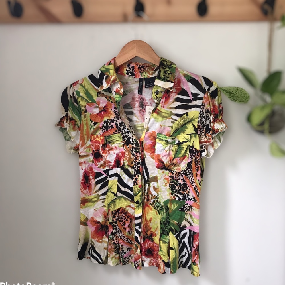 Tropical print button up with cuff sleeves